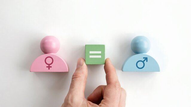 Hand placing equal sign between male and female wooden figures for gender equality concept