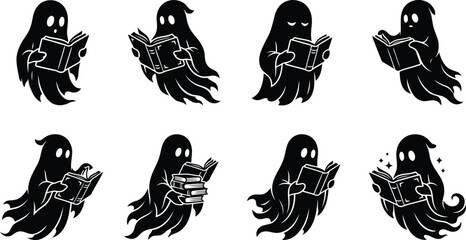 Obraz premium Cute cartoon ghosts reading books in various poses during Halloween night with a playful concept and simple vector style