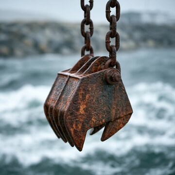 rusty metal grapple claw hanging from heavy chains over turbulent ocean waves near rocky shoreline