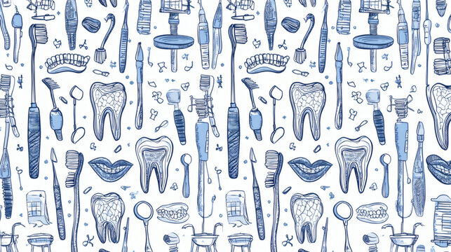 detail seamless pattern featuring dental equipment icons drawn in thin blue lines, includes floss toothbrush implants braces and dental chair, white background with soft spacing and large copy 
