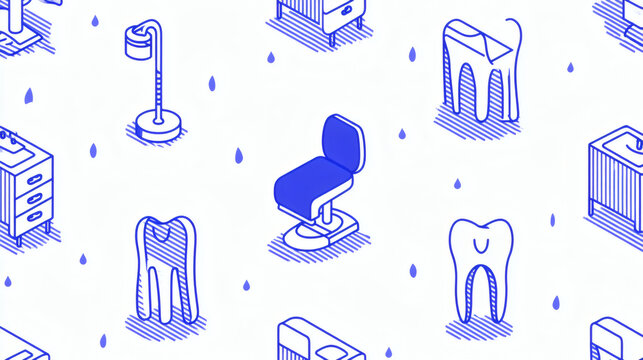 detail seamless pattern featuring dental equipment icons drawn in thin blue lines, includes floss toothbrush implants braces and dental chair, white background with soft spacing and large copy 