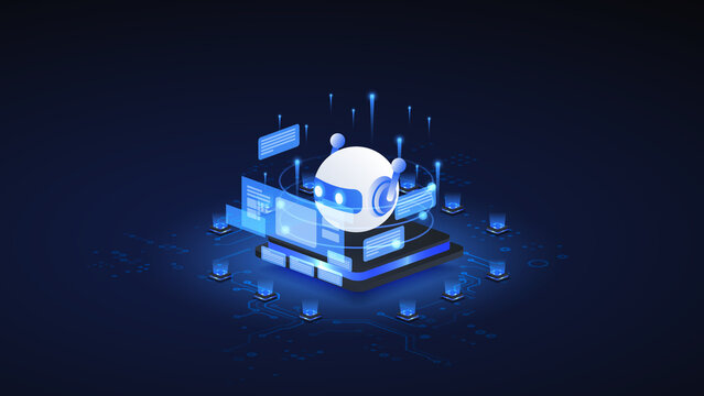 AI agent automation isometric vector illustration. robot assistant automation machine learning system concept.