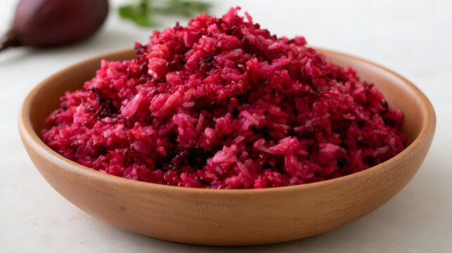 A wooden bowl filled with vibrant pink shredded beetroot  with a whole beet in soft focus behind
