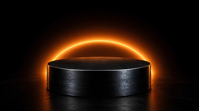 Dark brushed steel cylinder product display podium with a glowing neon orange halo