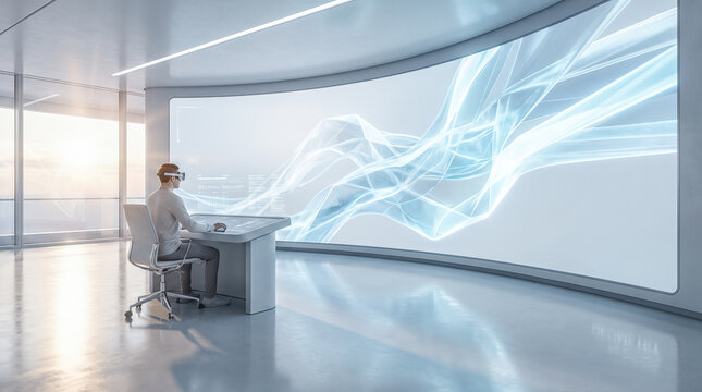 Male worker wearing virtual reality goggles sitting at control desk facing giant curved monitor displaying blue abstract wave patterns inside bright modern workplace