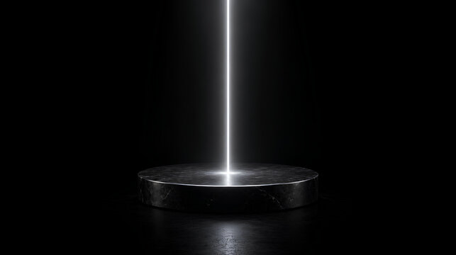 Dark marble circular podium illuminated by a vertical glowing white laser beam