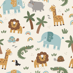 Naklejka premium Seamless vector pattern with cute safari and jungle animals on a cream background. 