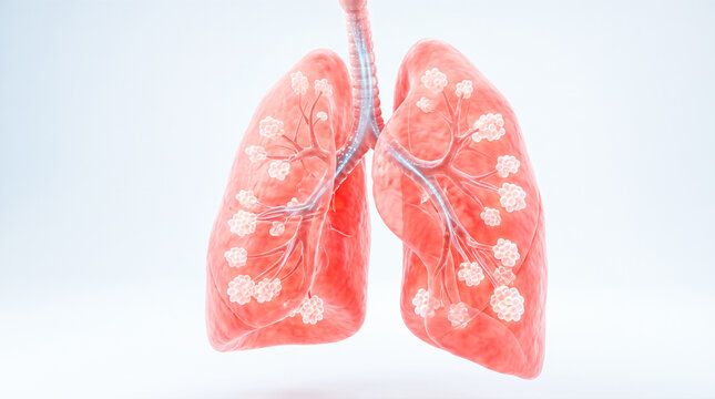 Human respiratory system lungs displaying inner bronchial tree and alveoli clusters glowing against plain white backdrop showing internal breathing organ anatomy structures