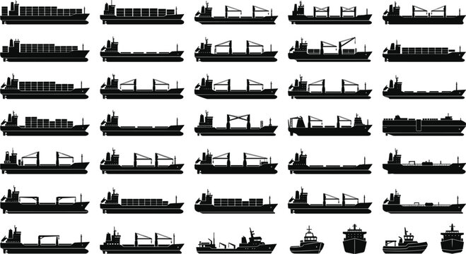 Cargo ship and maritime transport silhouette icon set vector illustration featuring black stencils of container ships bulk carriers tankers and tugboats for logistics design