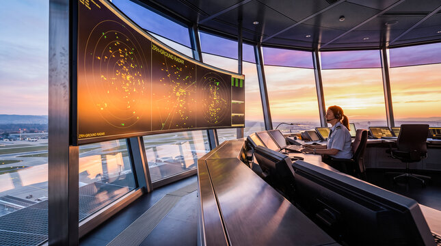 Female air traffic controller operating complex radar screens monitoring flights inside airport control tower overlooking runway during beautiful orange sunset evening