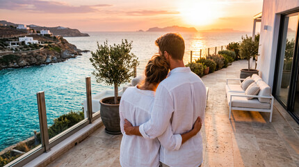 Fototapeta premium Rear view young couple hugging together upon luxury villa balcony overlooking calm blue ocean water enjoying beautiful orange sunset during summer vacation