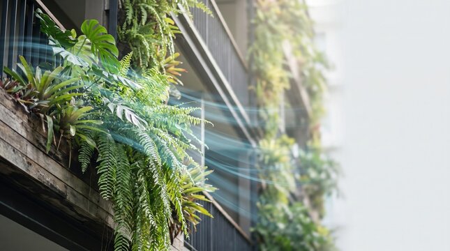 Lush green balcony vertical garden on a modern building with fresh cool air breeze waves flowing through tropical plants for urban ecology concept.