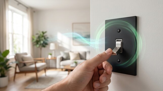Hand flipping a modern black light switch on white wall with glowing green energy waves and fresh air flow for smart home concept.