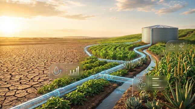 Smart agricultural irrigation system with transparent water pipes connecting from a storage tank to green crops contrasting with dry cracked drought land.