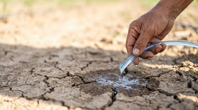 Farmer hand holding a clear hose dripping water onto dry cracked soil in a severe drought and water scarcity concept.