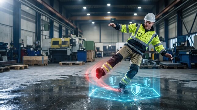 Industrial worker slipping on a wet factory floor protected by glowing holographic shield safety barriers for occupational hazard and workplace safety concept.
