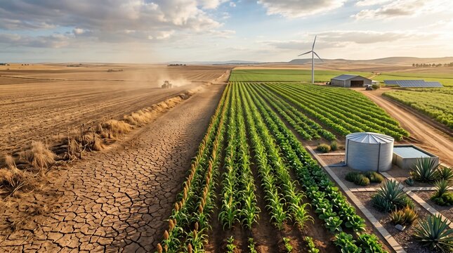 Contrast between drought stricken parched land and green sustainable farm with irrigation system for climate change and agriculture concept.