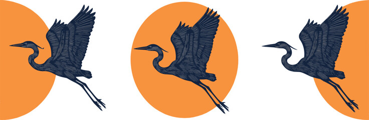 Naklejka premium Flying Heron Bird Illustration with Sun Circle Vector Logo Design