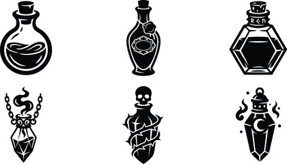 Naklejka premium Mysterious potion bottles with arcane symbols and magical liquids in a dark fantasy illustration style