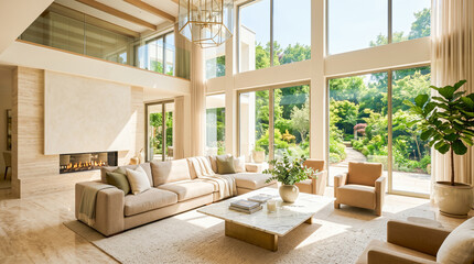 Fototapeta premium Spacious contemporary luxury living room featuring comfortable beige modular sofa facing marble coffee table beside large glass windows overlooking green garden