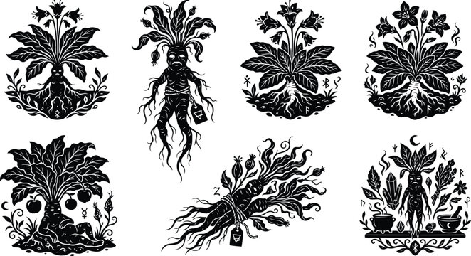 Mystical mandrake plants with faces and enchanting elements in silhouette style on white background
