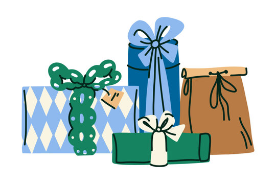 Hand Drawn Christmas Gift Boxes Collection with Wrapped Holiday Presents, Kraft Package and Festive Ribbon Illustration