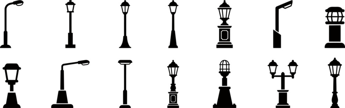 Set of black silhouette icons representing various styles of street lamps and outdoor lighting fixtures for urban design