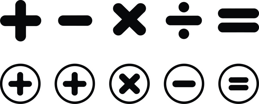 Arithmetic symbol icons, plus minus multiply divide and equal signs for mathematics education, calculators, worksheets, digital interfaces, and classroom learning.