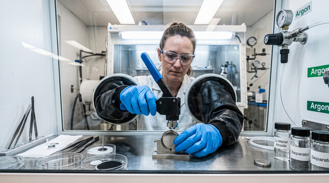 Female researcher wearing safety glasses blue gloves uses heavy metal crimping tool sealing small coin cell battery inside sealed argon gas laboratory glovebox