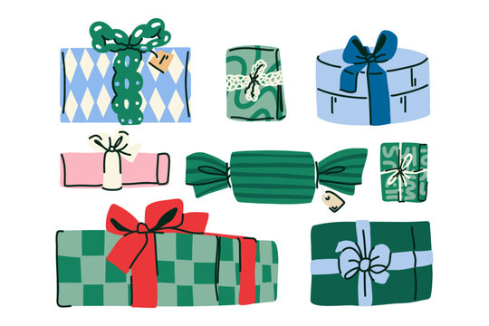 Minimal Christmas Present Collection with Wrapped Holiday Gift Boxes in Scandinavian Hand Drawn Style