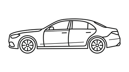 Naklejka premium Luxury Sedan Outline: A clean, minimalist outline of a modern luxury sedan, showcasing its sleek lines and elegant design. Ideal for automotive themes, design concepts, or technical illustrations.