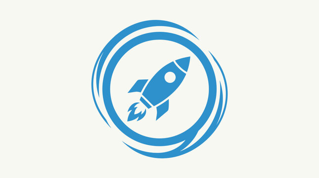 Blue rocket ship icon flying in circular swirl frame.