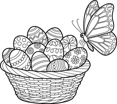 Easter eggs in a basket with a butterfly