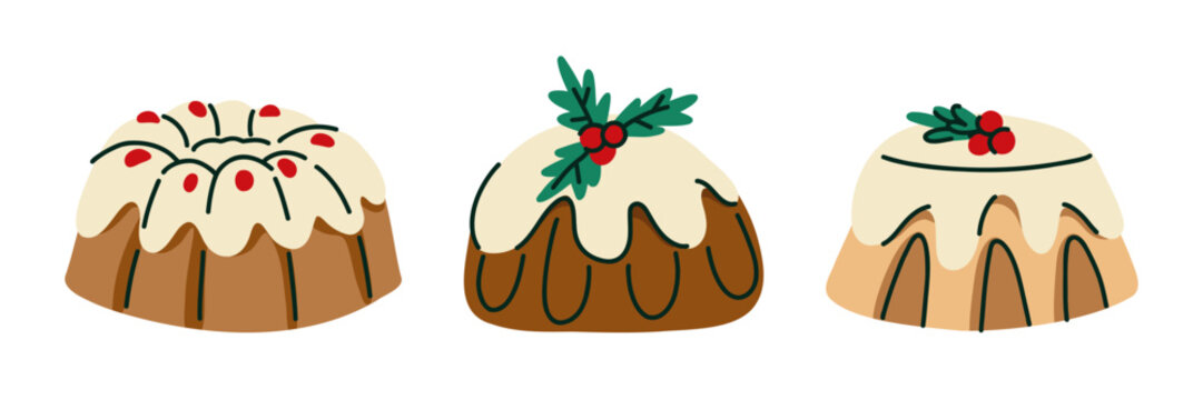 Christmas Cake Collection with Holiday Decorations, Hand Drawn Festive Dessert Set for Greeting Cards, Bakery Branding and Seasonal Packaging