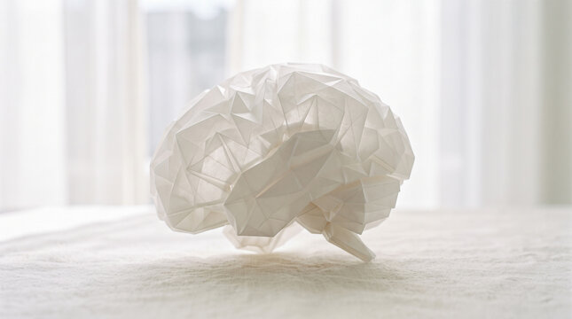 Geometric origami human brain structure created using precisely folded white paper sitting atop textured fabric table covering beside brightly illuminated curtained window