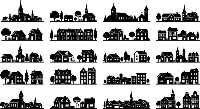 European village and small town landscape silhouette icon set vector illustration featuring black stencils of rural houses churches cottages and cozy streetscapes