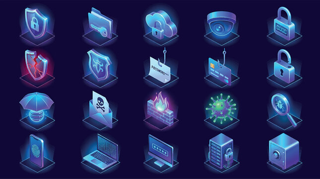 Neon glowing isometric cybersecurity and data protection icons set on dark background with cyber security neon icon isometric design glow effect network security digital safety