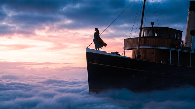 Silhouette woman standing on bow of vintage ship sailing across thick ocean of fog during pink sunset symbolizing bold exploration and imaginative travel