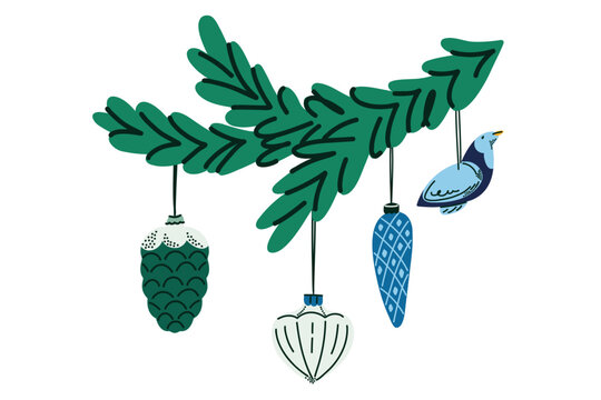 Christmas Fir Branch with Blue and Green Hanging Ornaments, Hand Drawn Evergreen Foliage Decorated with Festive Winter Charms