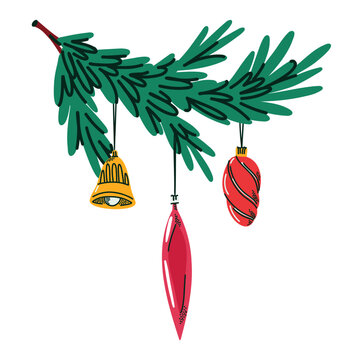 Christmas Evergreen Branch with Colorful Hanging Ornaments, Hand Drawn Fir Foliage with Bells and Festive Holiday Decorations