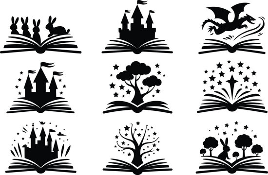 Fantasy Storybook Open Book Silhouette Collection with Castles Dragons Trees and Magical Fairytale Vector Scenes