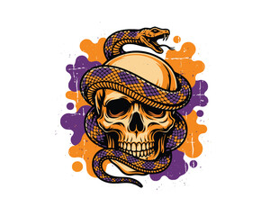 Fototapeta premium Snake and Skull Gothic Vector Illustration Isolated on White Background