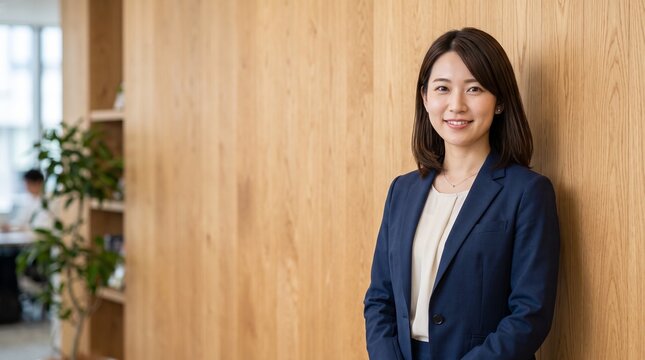 プロフィール写真をイメージした、ウッドパネルの壁を背にして立ち、穏やかな笑顔をカメラに向けている知的な印象の20代日本人女性社員のバストアップポートレート