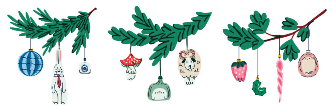Collection of Christmas Evergreen Branches with Colorful Hanging Ornaments, Hand Drawn Festive Foliage and Winter Holiday Decorations