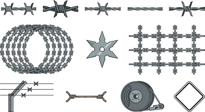 Barbed Wire and Razor Wire Security Fence Vector Icon Set with Shuriken Star Coils and Industrial Warning Sign Elements
