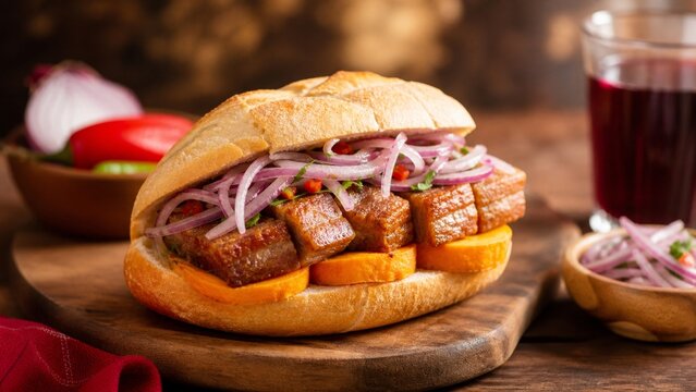 Peruvian pan con chicharron sandwich with pork and onion