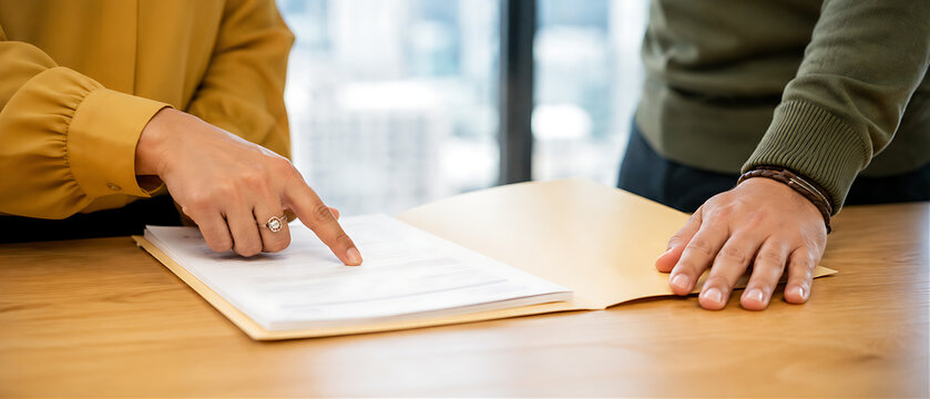 Close-up of two colleagues' hands reviewing folder in conference room &mdash; silver ring, leather bracelet, city skyline bokeh, document analysis