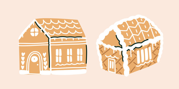 Gingerbread House Collection, Hand Drawn Christmas Cookie Cottage Set for Holiday Baking, Greeting Cards, Seasonal Packaging and Winter Decorations