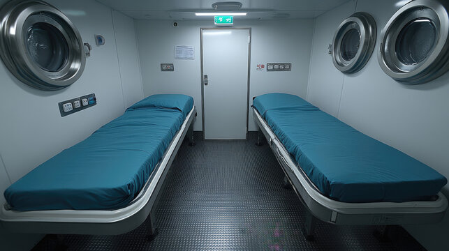 Futuristic Bunk Room with Two Beds and Circular Windows, Minimalist Design, Space Station or Submarine Interior