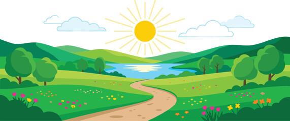 Fototapeta premium Beautiful Spring Landscape Vector Illustration with Winding Path Green Hills Lake Trees and Shining Morning Sun Elements
